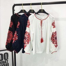 Women's Ukrainian Embroidered Shirts Cotton Linen Tops Vyshyvanka Ethnic Blouse