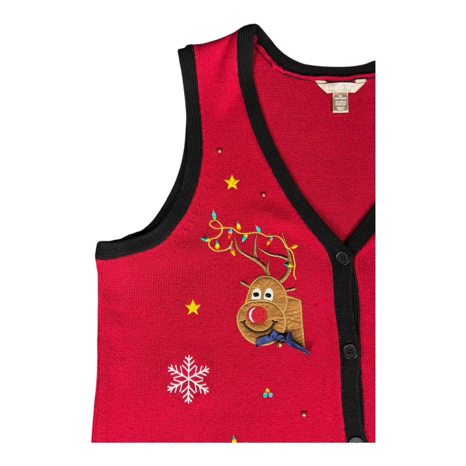 Chaleco Suéter Tejido Ciervo Reno Blanco Con Campanas Navidad Mujer’s 2XL Abotonado Foto 2 de 4