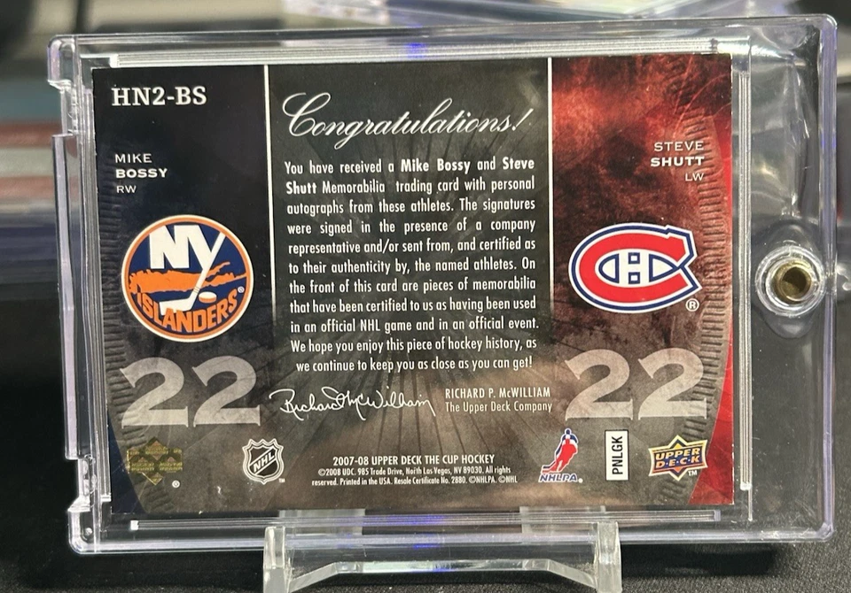 07-08 UD THE CUP DUAL HONORABLE NUMBERS PATCH AUTO MIKE BOSSY STEVE SHUTT 17/22 - Image 2 of 2