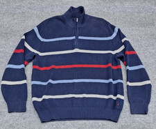IZOD Mens Sweater Size Large 1/4 Zip Pullover Blue Stripe Mock Neck Knit Classic