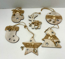 Lot of 6 Wooden Rustic Christmas Ornaments with Burlap Accents Jute and Bells