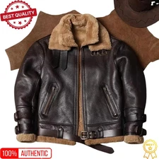 Women Brown Faux Shearling Bomber Jacket Real Sheepskin Leather RAF Aviator Coat