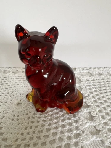 Fenton Art Glass Ruby Red Glow Amberina Sitting  Cat  Figurine