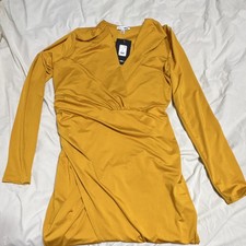 Fashion Nova Mustard Ruched Midi Dress XL Long Sleeve V-Neck Stretch Knit