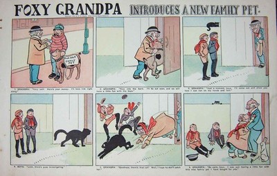 Alter antiker Druck 1904 Haustier Hund Katze Kinder Foxy Opa Cartoon Farbe 20.