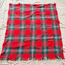 Vintage Plaid Wool Blanket Throw Red Green Fringe Tartan Christmas Holiday