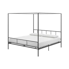 King size Dark Grey Metal Canopy Bed Frame with Headboard and Footboard