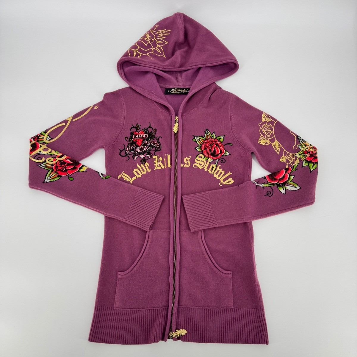 Ed Hardy Love Kills Slowly Zip Hoodie Purple XS Rhinestone Tattoo