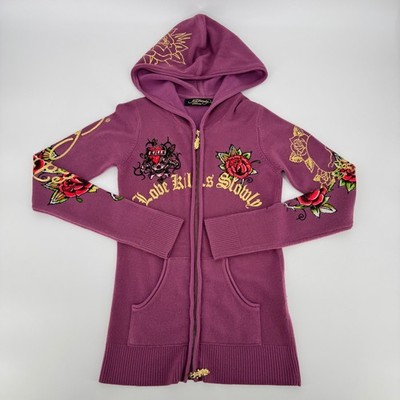 Ed Hardy Love Kills Slowly Zip Hoodie Purple XS Rhinestone Tattoo