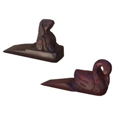 D-Art Collection Solid Teak Wood Swan and Dog Door Stopper in Dark Brown