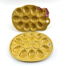 2x Vintage Eierplatte Huhn Keramik 23cm | Oster Deko Eier Servierplatte Retro