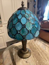 Vintage Tiffany Style Stained Glass Table Lamp-15 In Blue Green Color