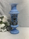 Antique Bristol Vase Blue Milk Glass Hand Painted Enamel Flowers Hand Blown 11.5