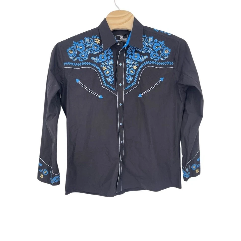 Camisa Salvage Oeste XL Negra Azul Bordada Floral Western Rodeo Perla Broches de presión Foto 3 de 4