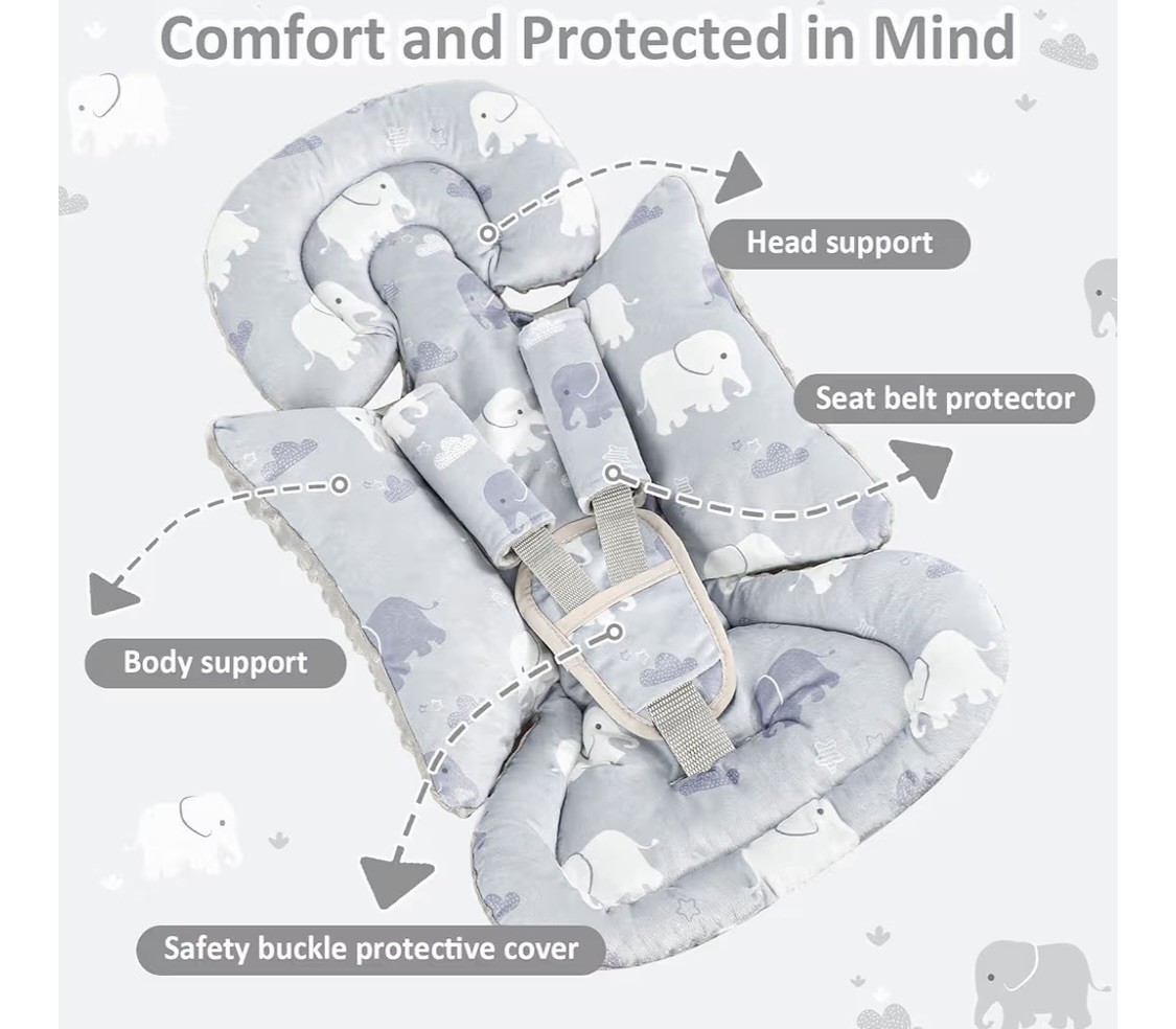 Infant Car Seat Insert, Baby Seat Head and Body Support Newborn, Gray, Elephants