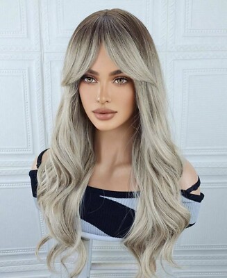 Perruque Synthétique Longue Grise Bouclée Avec Frange - Style Ondulé Naturel + 4 Bonnets De Fixation