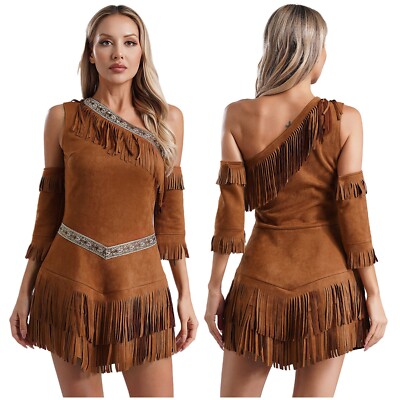 Frauen Cosplay Cowgirl Halloween Mit Quaste Ärmel Kleid Krieger Fancy Dress Up