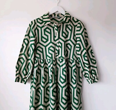 Zara Geo Kleid Print Baumwolle Karen Midi Tunika Kleid Grün Größe S Small 8 10