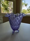 Vintage Fenton Optic Diamond Wisteria Springtime 3 Footed Ruffled Vase 7" Tall