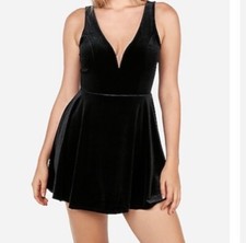 Express Velvet Mini Dress Black Fit Flare Deep V Neck Holiday NYE Skort Sz XS