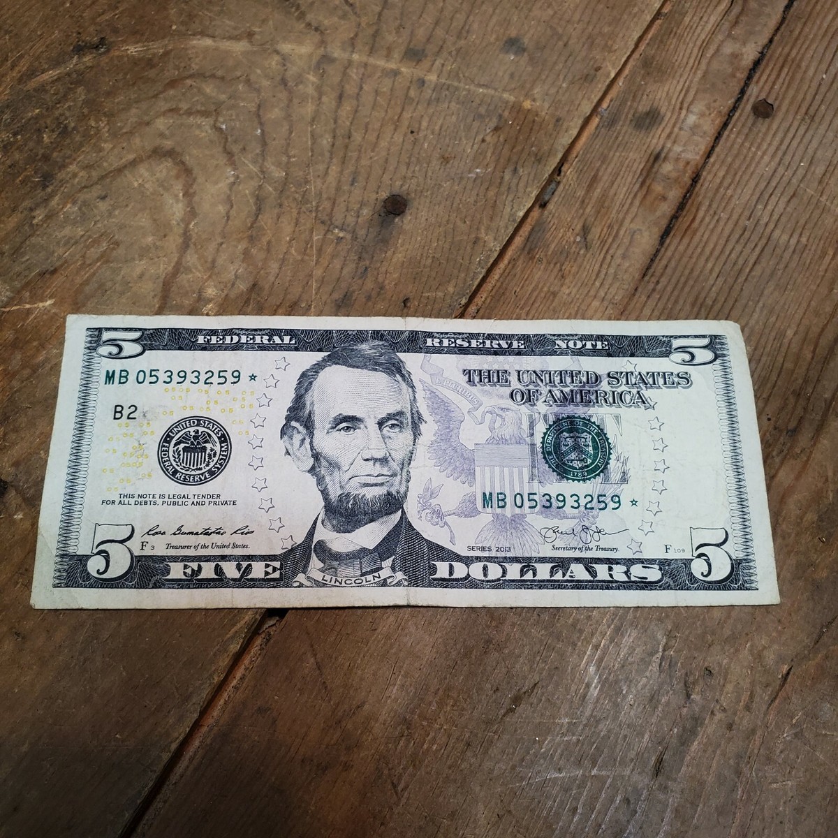 $5 Five Dollar Bill STAR Note Serial MB 05393259* 2013 American