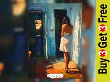 Moody Woman in Doorway, Oil Painting Print 5"x7" on Matte Paper