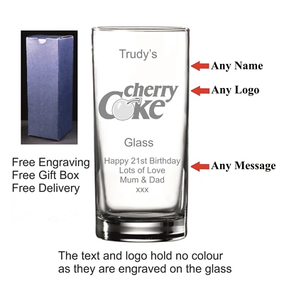 PERSONALISED HIGHBALL GLASS Personalised Hi Ball Glass Cherry Coke, Birthday, Christmas, Valentines Day Gift