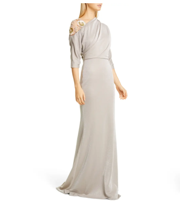 BADGLEY MISCHKA Beige Gold Floral Beaded Sequins Shimmer Asymmetrical Gown  4 = S | eBay
