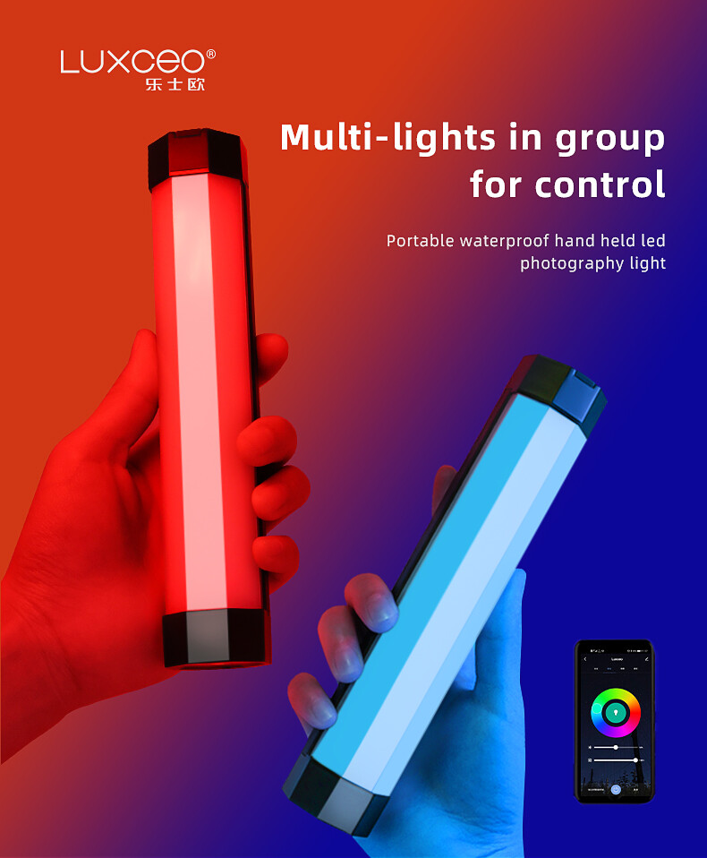 LUXCEO draagbare led-videolamp, 2 stuks, RGB, 36 kleuren, 1000 lumen, met statieven van 0,75 m tot 2,08 m en afstandsbediening, handheld fotografie licht instelbare kleurtemperatuur 3000 K-6000 K