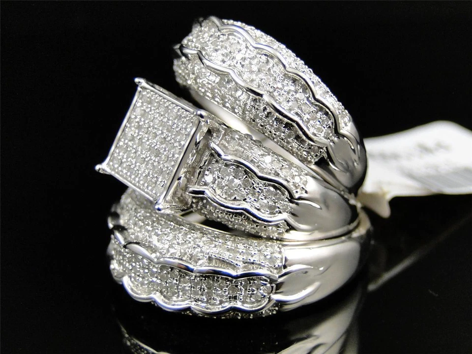 14K White Gold Plated Lab Created Diamond Wedding His & Her 3pcs Trio Ring Set - Image 2 of 3
