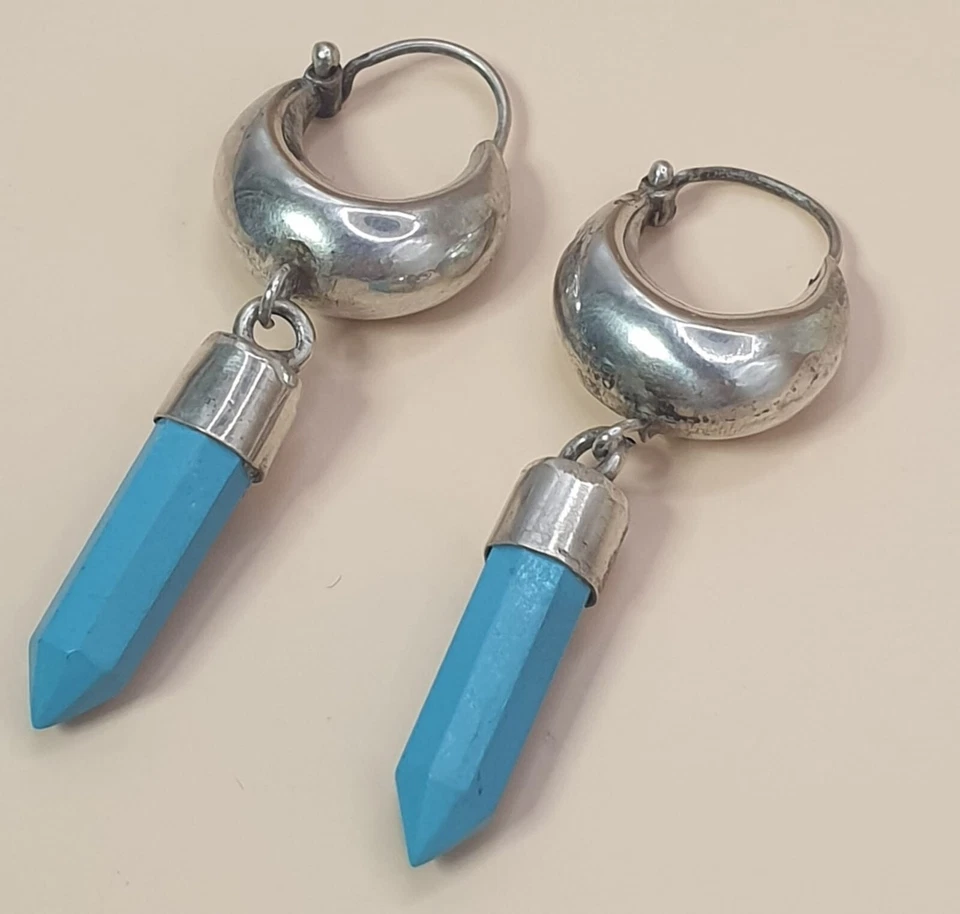Vintage Türkis Silber Ohrringe / Creolen ca. 16 x 46 mm - Bild 2 von 4