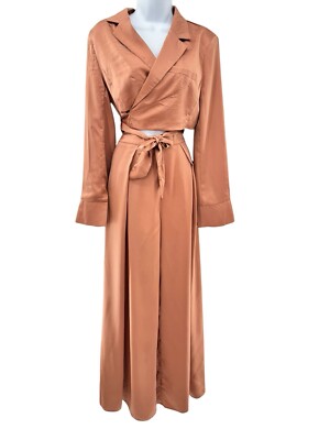 FATE 2pc Satin Cropped Wrap Blazer & Wide Leg Pant Set Brown Medium Large NWT