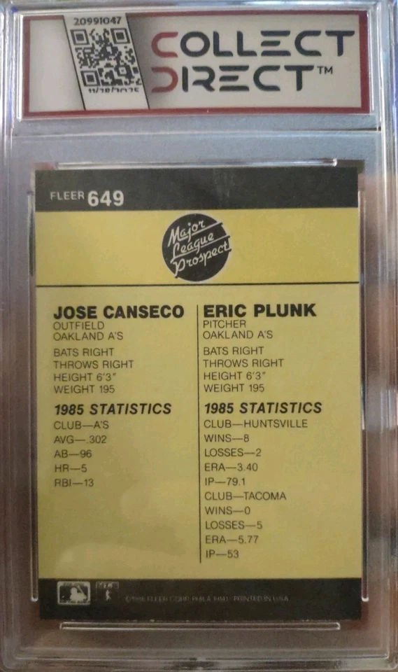 1986 Fleer - Jose Canseco, Eric Plunk #649 (RC) - Изображение 3 из 3