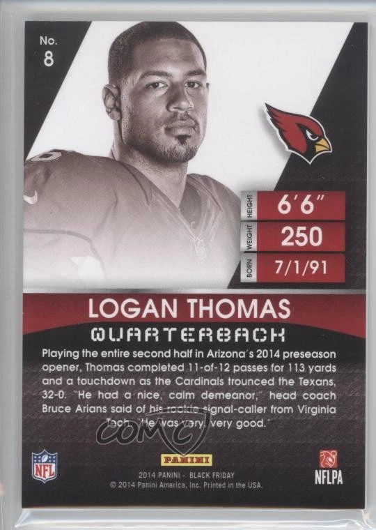 2014 Panini Black Friday Rookie Portrait Decoy Thick Stock Logan Thomas #8 RC - Image 2 of 2