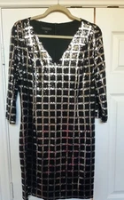 Metaphor Blk/ Silver Sequined Sheath Party Dress  Grid Pattern  3/4 Sleeve Sz 14