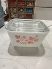 PYREX pink gooseberry Vintage Glass White Pink Fruit Pattern with Glass Lid
