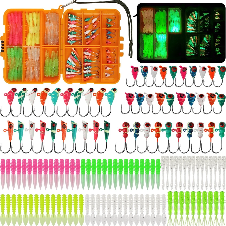 DOVESUN 135PCS Ice Fishing Kit - Glow in the Dark Crappie Jigs Walleye Perch Baits Lures