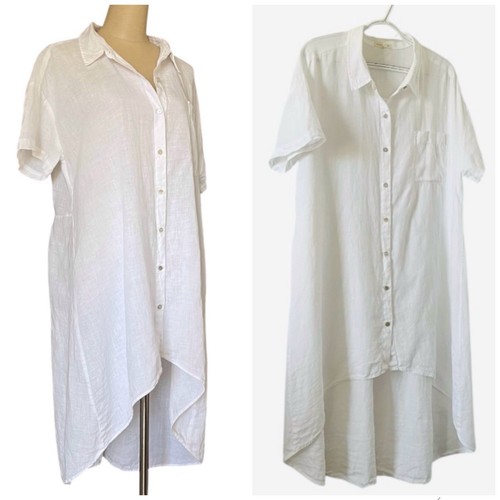 Eileen Fisher Irish Linen Tunic Shirt Dress Button Front High Low Large White