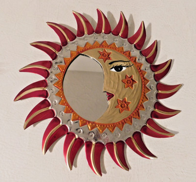 Tin Crescent Moon and Sun Eclipse 10'' Mirror - Hojalata Folk Art