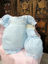 NWT Will'beth Blue Knit Bubble Romper Newborn 0 Baby Girls Hat Booties Ribbon