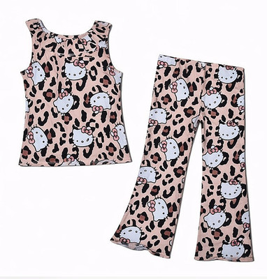$40 NWT Hello Kitty Vintage Peach Leopard Print Ruffle Pajama Set Girls 5/6