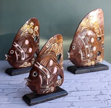 Juego de 3 estatuillas familiares de peces ángel de río tropical artesanías de madera balinesa