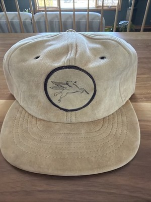 Vintage Mobil Oil Snapback Suede Hat, Beige Cap w/ Patch, Pegasus - Swingster  Q