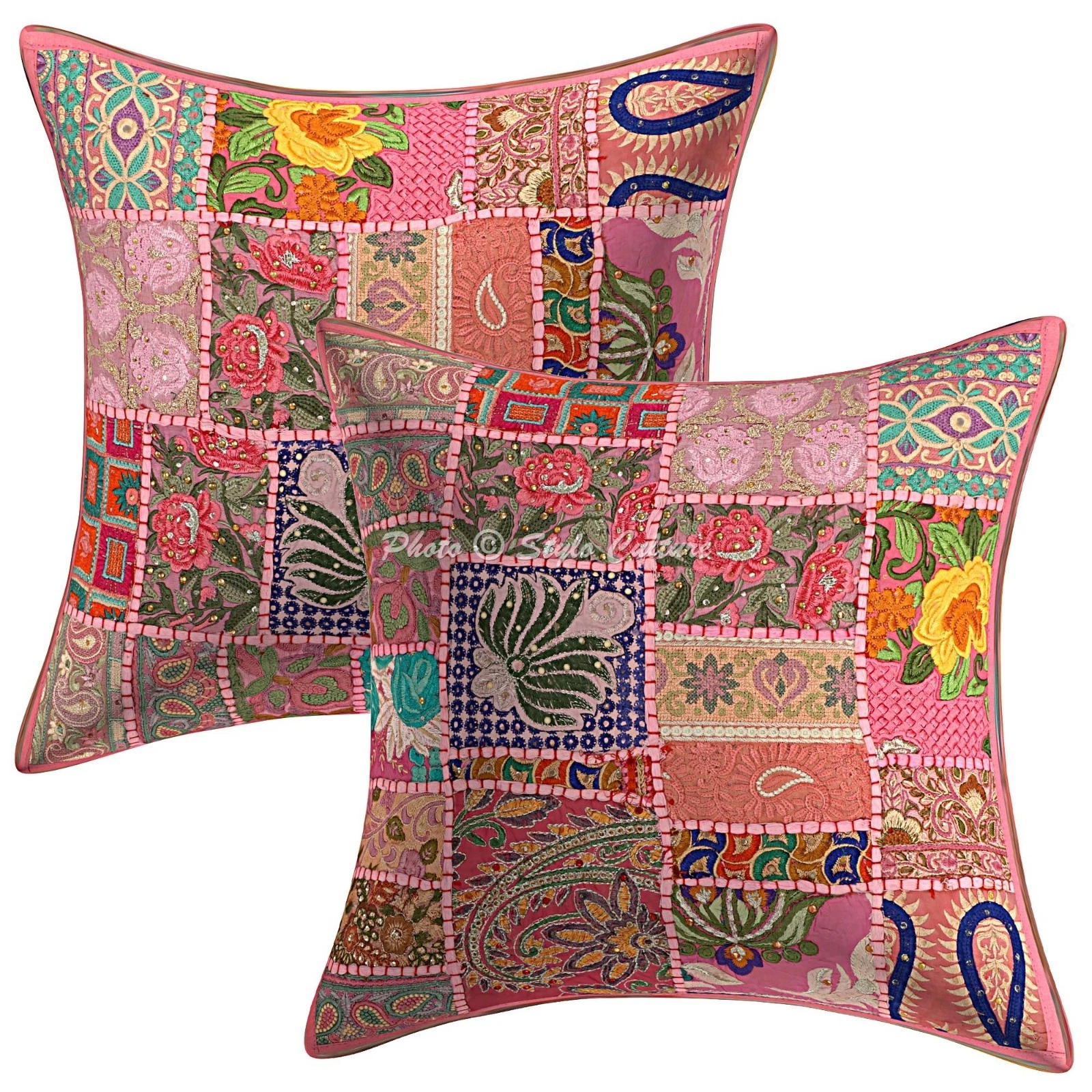 Indian Vintage Patchwork Throw Pillow Covers Cotton Pink 16x16 Boho Home Decor