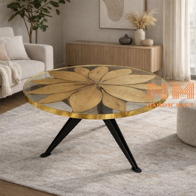 Custom Round Epoxy Dining Table, Live Edge Walnut Wood, Flower Design Table