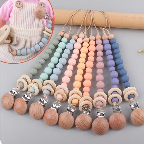 Baby Pacifier Clips Anti-drop Chain Soother Pacifier Chain Clip Silicone Wood