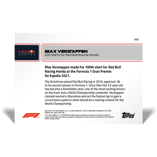 Max Verstappen Red Bull Racing 2021 Topps Now Formula 1 F1 Card #9 100 Starts - Picture 2 of 2