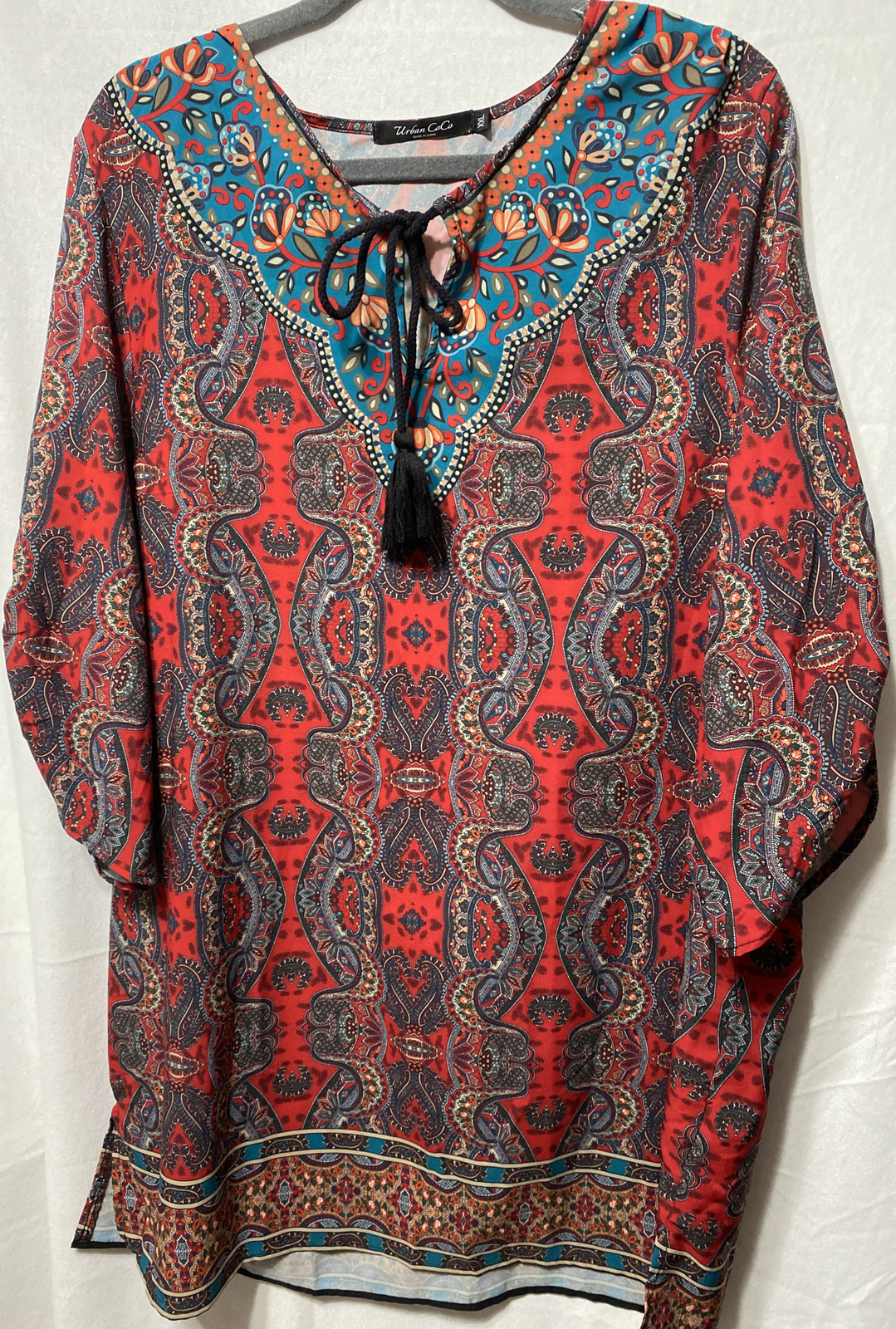 NWOT Urban CoCo Women's Boho Blue Red Multi Floral Tassel Tie Tunic Top XXL
