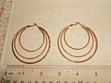 Vintage Large Triple Hoop Textured Design Earrings- Gold Tone-E1