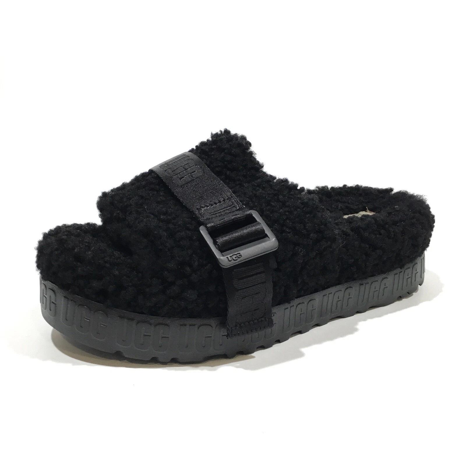 UGG Fluffita pantofole diapositive flatform nero peluche US 10 NUOVE
